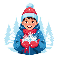 A happy child in winter clothes holding a pile of fresh snowflakes in their gloved hands, with snowy pine trees in the background.