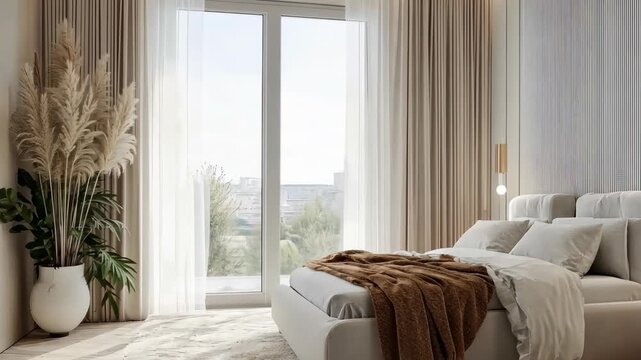 A beautifully designed bedroom featuring soft textures, light colors, and ample natural light for a relaxing atmosphere