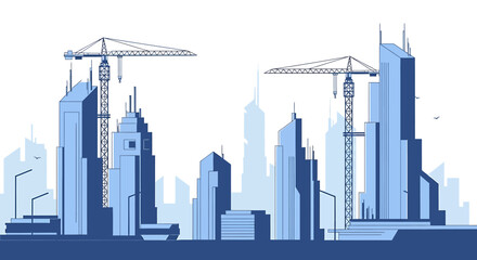Vibrant urban landscape development with a modern city skyline featuring towering buildings and active construction cranes under a clear sky