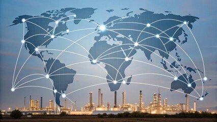 An industrial landscape with a world map overlay, symbolizing global connectivity and network communications in the industrial sector.