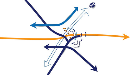 Abstract representation of a team's offensive football strategy, illustrating a complex play from the playbook with dynamic motion