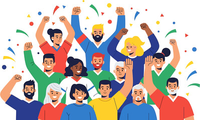 Fototapeta premium Joyful diverse crowd of people celebrating success and unity with hands up and confetti