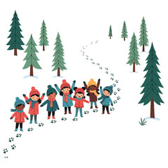 A diverse group of children in winter clothing walking in the snow, leaving footprints behind them.