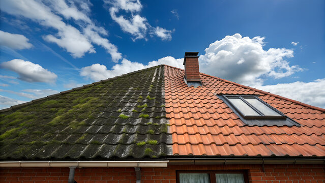 A half cleaned house roof shows the before and after effect of a roof cleaning.