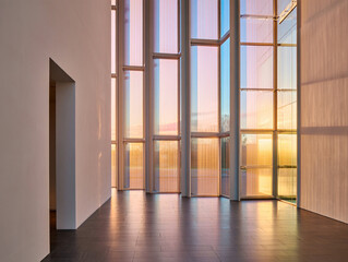 Modern interior with large translucent windows at sunset