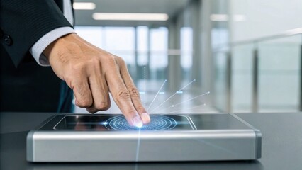 A hand using a futuristic touchscreen device, showcasing digital interaction and technology in a modern office environment.