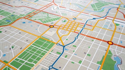 Fototapeta premium A detailed map featuring roads, parks, and urban layouts, showcasing city planning and navigation systems in vibrant colors.