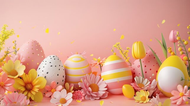 Delightful Easter celebration featuring pastel eggs and cheerful flowers against a soft pink backdrop, perfect for spring promotions and festive greetings