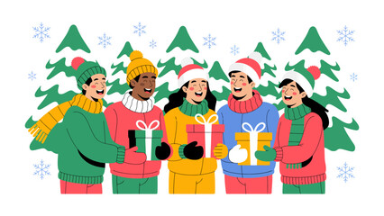 Festive Friendship: A heartwarming gathering of diverse friends, exchanging gifts amidst a snowy winter scene, capturing the spirit of joy and togetherness during the holiday season.