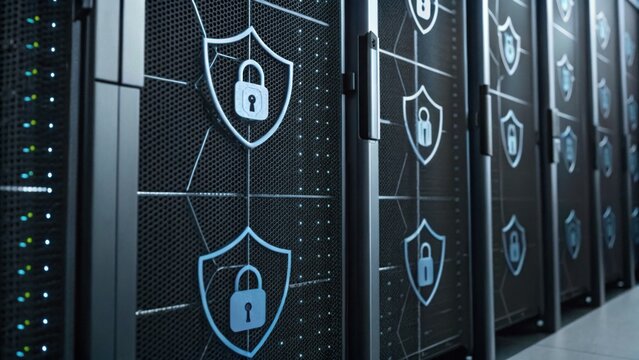 A modern data center with secure servers, featuring digital lock symbols to emphasize cybersecurity and data protection. - Powered by Adobe