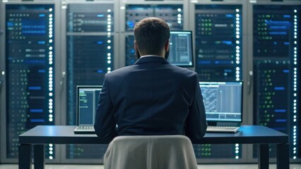 A focused professional monitors data on multiple screens in a server room, showcasing the intersection of technology and cybersecurity.