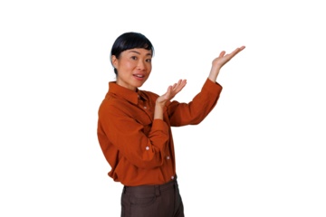 Asian woman presenting and comparing options with open hands gesturing upwards, showing surprise on transparent background