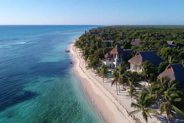 Aerial View of Azure Ocean, White Sandy Beach, Palm Trees, and Luxurious Villas