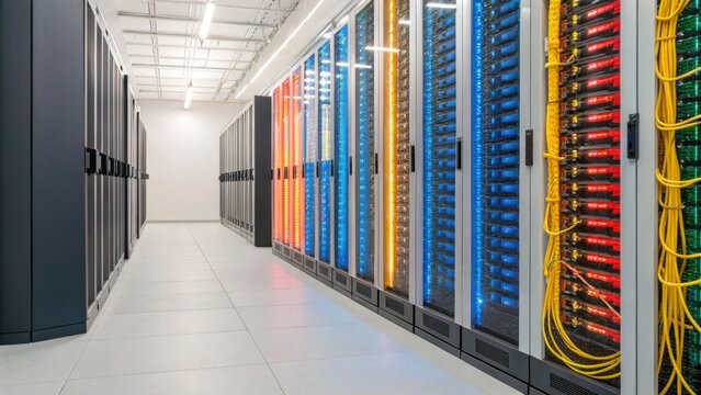 A modern data center with rows of servers, showcasing colorful cables and efficient design, emphasizing technology and digital infrastructure.