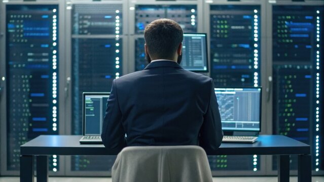 A focused professional monitors data on multiple screens in a server room, showcasing the intersection of technology and cybersecurity.