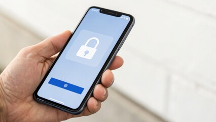 A hand holds a smartphone displaying a locked screen, indicating security or privacy features, likely related to social media or online accounts.