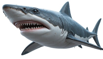 Fototapeta premium A high-resolution realistic great white shark image featuring sharp details, lifelike textures, and a dynamic swimming pose. Perfect for educational content, marine life blogs, and wildlife design pro