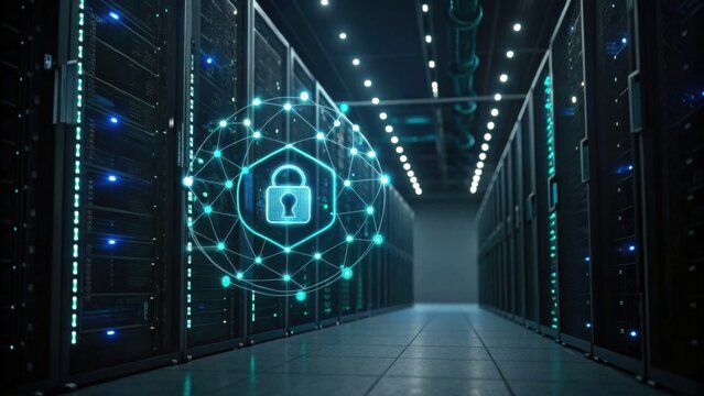 A futuristic data center with server racks illuminated by blue lights, featuring a digital lock symbolizing cybersecurity and data protection.