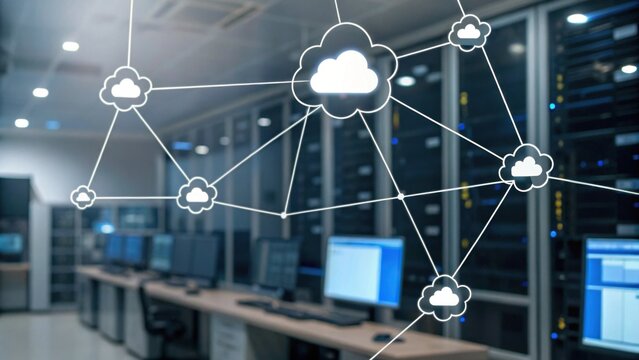 A modern data center featuring server racks connected by cloud networking symbols, illustrating cloud technology and digital infrastructure.
