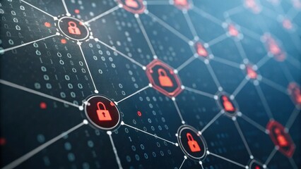 A digital network visualization featuring interconnected nodes, highlighting cybersecurity with padlock icons against a binary background.