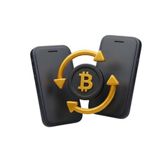 3D Bitcoin Crypto Exchange Icon Between Smartphones Isolated on Transparent Background &ndash; Fintech Transaction PNG