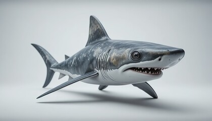Naklejka premium A high-resolution realistic great white shark image featuring sharp details, lifelike textures, and a dynamic swimming pose. Perfect for educational content, marine life blogs, and wildlife design pro