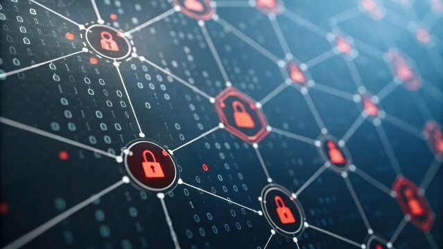 A digital network visualization featuring interconnected nodes, highlighting cybersecurity with padlock icons against a binary background.