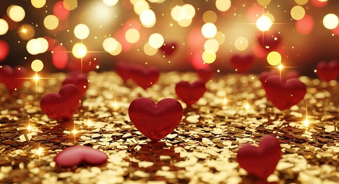 Romantic background with red hearts and golden bokeh lights
