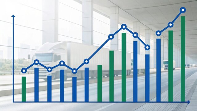 A graphical representation of data trends, featuring green and blue bars against a blurred backdrop of trucks on a highway.