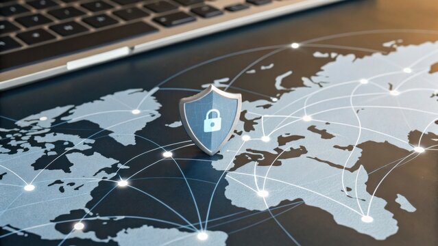 A digital representation of a world map with a shield symbolizing cybersecurity, highlighting protection in a connected environment.