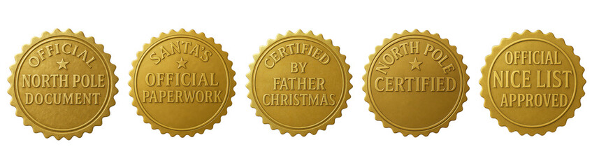 Naklejka premium Official North Pole gold seal set — Santa Claus certified Christmas stamps and nice list stickers