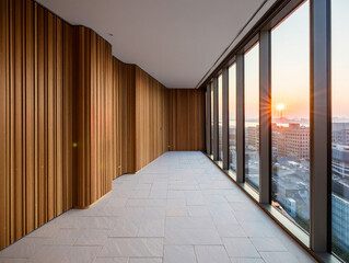 Modern interior with wood paneling and city sunset view
