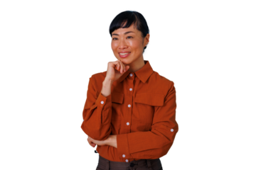 Smiling asian woman posing, hand on chin, thinking, business professional looking away confidently, transparent background