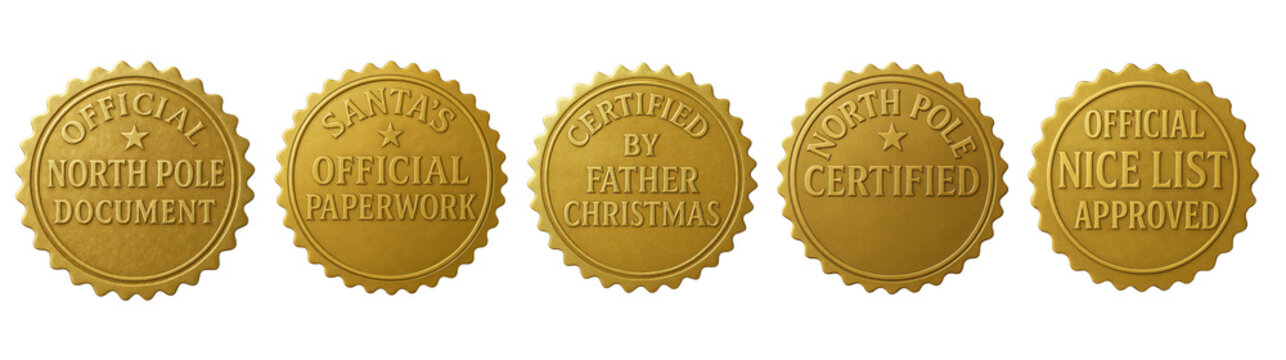 Fototapeta Official North Pole gold seal set — Santa Claus certified Christmas stamps and nice list stickers