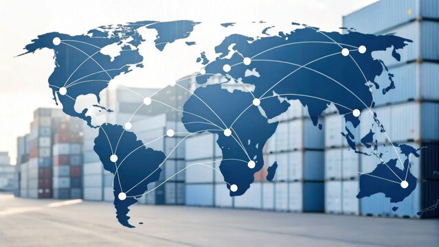 A visual representation of global trade, featuring a map overlay on shipping containers, symbolizing connectivity and commerce across continents.