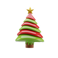 3D Glossy Christmas Tree Icon with Golden Star Isolated on Transparent Background &ndash; Holiday Decoration PNG