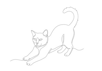 Minimalist continuous line drawing of a stretching cat, elegant feline artwork in a modern single-line style