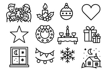 Festive Family Icons. Joyful Christmas Unity linear icons: family toast, candlelight, tree ornaments, heart, star, wreath, festive table, gifts, glowing window, garland, snowflake.