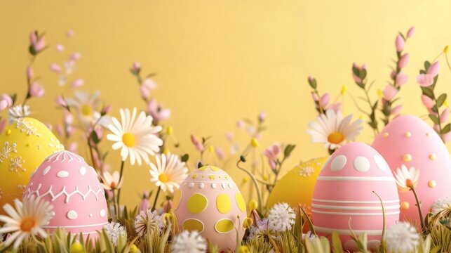 Delightful Easter egg meadow with pastel colors and spring flowers evokes festive joy and cheerful celebrations, perfect for holiday promotions and seasonal greetings
