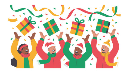 Joyful Gift Exchange: A vibrant illustration showcasing a group of friends celebrating a festive occasion by tossing wrapped gift boxes into the air amidst colorful confetti.