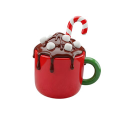 3D Hot Chocolate Mug with Marshmallows and Candy Cane Isolated on Transparent Background &ndash; Festive Drink PNG