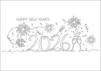 Happy New Year 2026 continuous line drawing celebrating with fireworks, confetti, and champagne toast