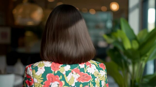 Back view of woman with straight brown bob haircut wearing floral dress in modern office interior