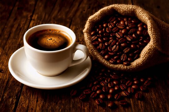 A rich espresso with golden crema beside a burlap sack of beans on rustic wood&mdash;capturing the essence of artisanal coffee moments.