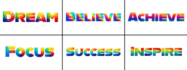 3D Rainbow Gradient Power Words - Dream, Believe, Achieve, Focus, Success, Inspire Typography  © Nabil