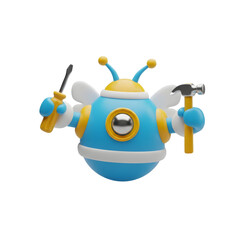 3D Robot Bee with Screwdriver and Hammer Icon Isolated on Transparent Background &ndash; Technical Support PNG