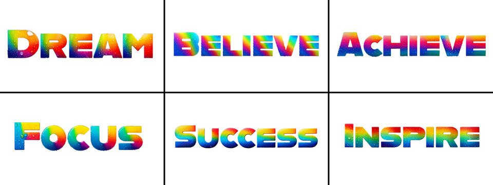 3D Rainbow Gradient Power Words - Dream, Believe, Achieve, Focus, Success, Inspire Typography 