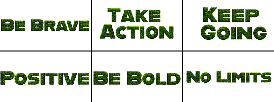 Green 3D Grass Textured Typography - Be Brave, Take Action, Keep Going, Positive, Be Bold Vector