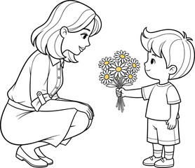 Mother and Child Sharing Flower Coloring Page Vector Illustration