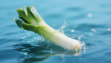 Fresh Leek Plunging into Clear Blue Water Creating a Splash